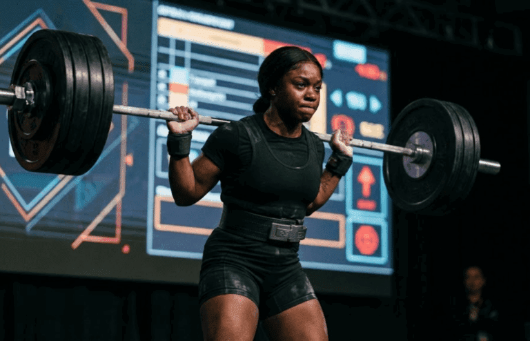a women’s powerlifting platform at a major arena meet