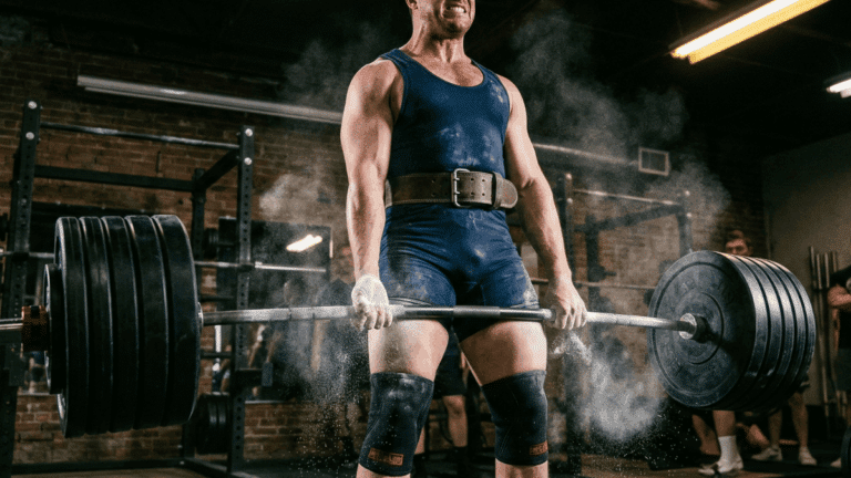 A powerlifter doing deadlift with heavy weights.