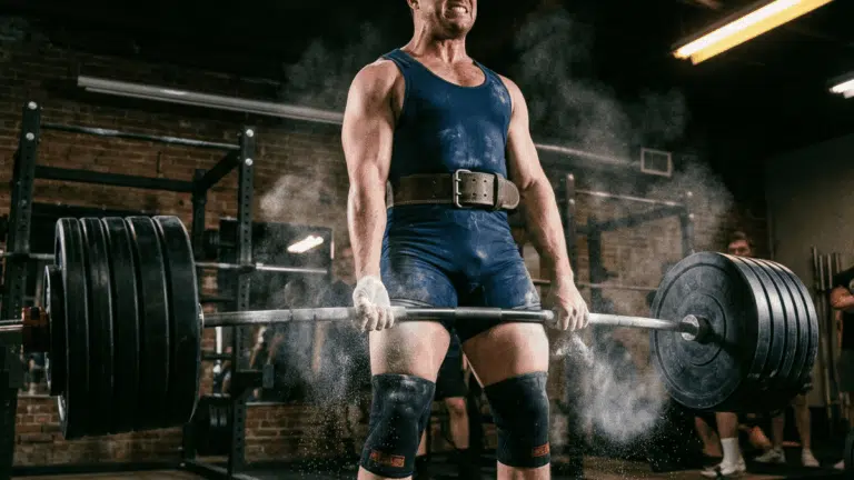 A powerlifter doing deadlift with heavy weights.